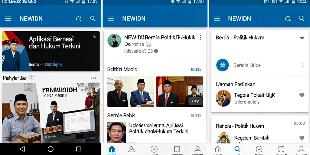 Antarmuka aplikasi NEWIDN menampilkan berita politik dan hukum secara jelas.