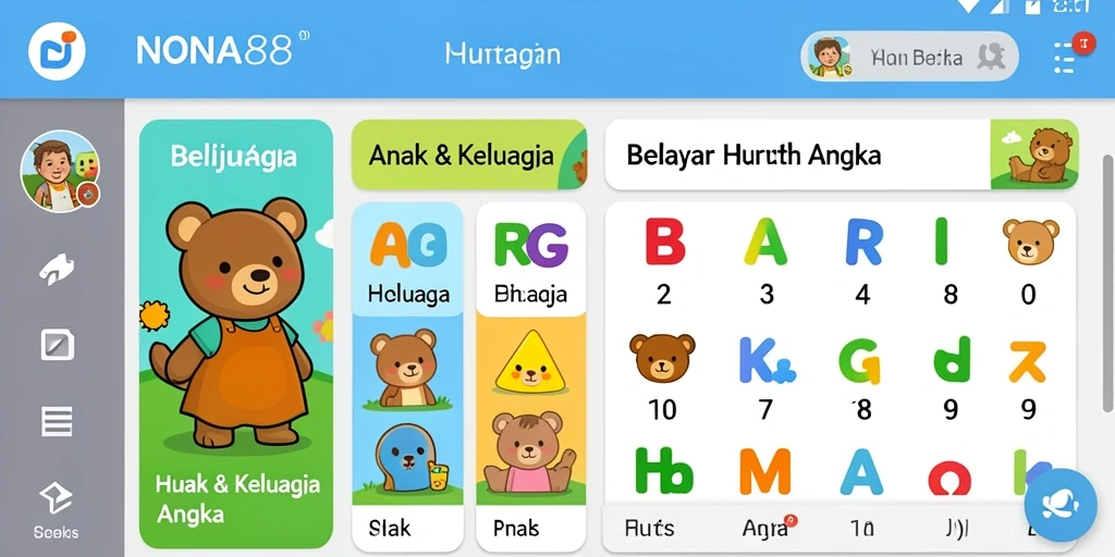 Tampilan aplikasi NONA88 yang menarik untuk belajar huruf dan angka.